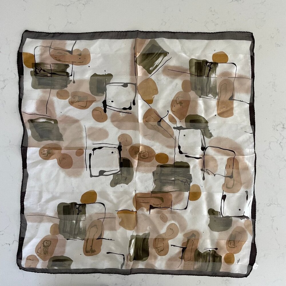 100% Silk Abstract Print Sheer Satin Stripe Fall Colors Cream Brn Tan Green OS